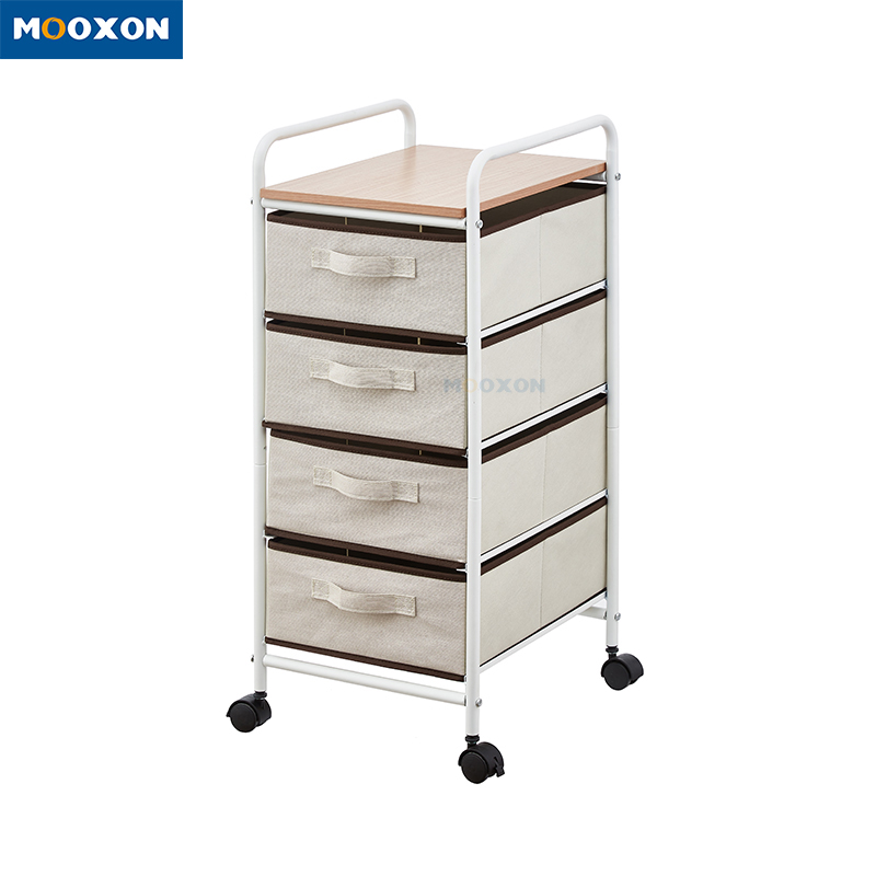 Movable 4 Drawer Storage Bedroom Fabric White Bedside Table Nightstands