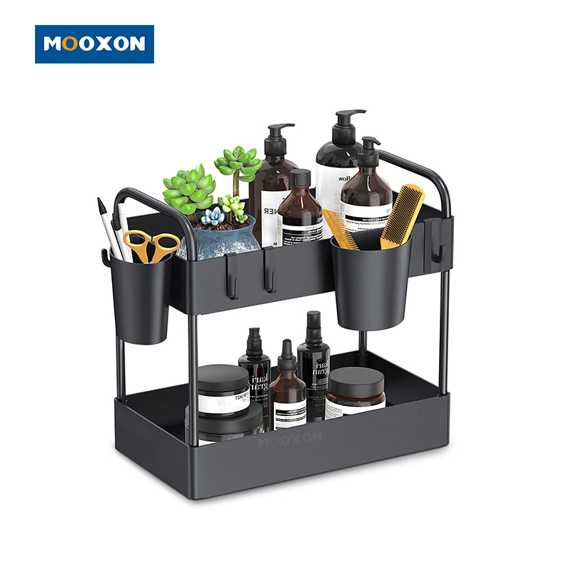Under Sink Organizer Double Tier ABS Plastic Rack With 2 Cups & Handles , MX-G11 
