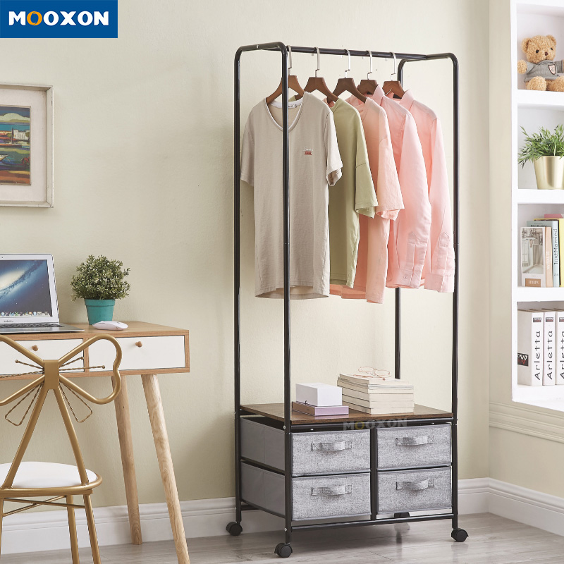 Movable Metal Frame Storage Shelf Organizer Entryway Clothes Hanging Pole Coat Garment Rack