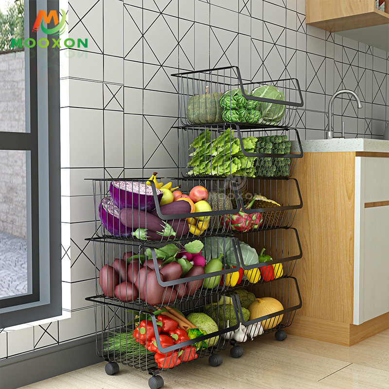Multifunctional 4 Tier Rolling Trolley Storage Bins Vegetables And Fruit Stackable Storage Basket