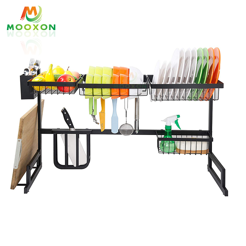 Wholesale 2 Tier Eco-friendly 91cm Stainless Steel Tableware Kitchen Drying Dish Rack With Drainer